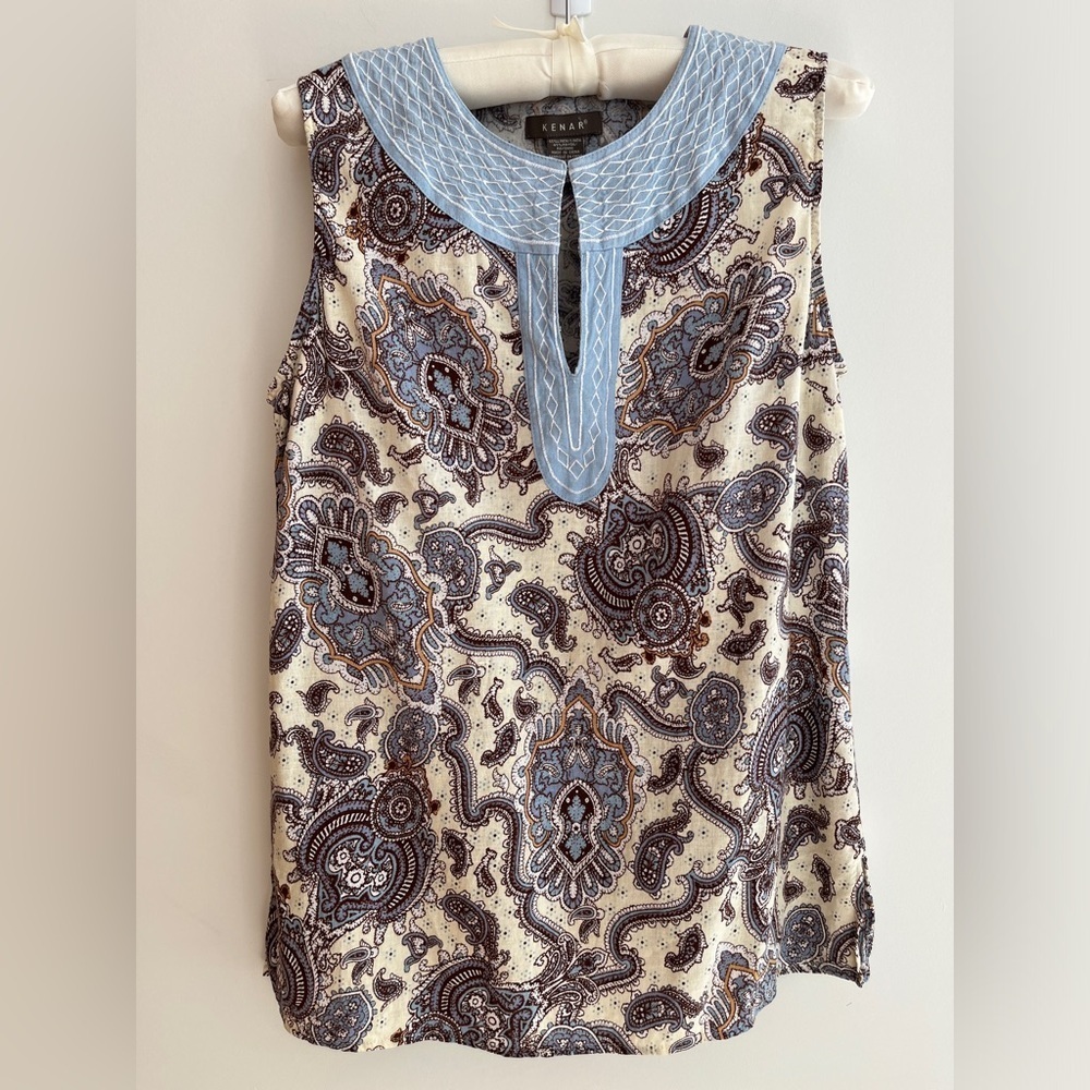 KENAR Linen Blend Sleeveless Popover Top Paisley Boho Embroidered Neckline